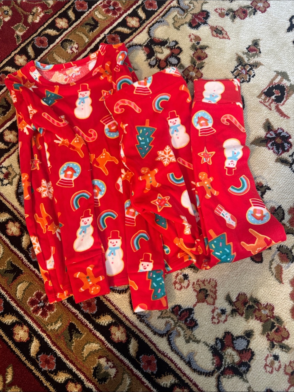 Kids Red Holiday Pajama Set with Snowman & Gingerbread Print